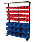 Half Bulk Bin Storage Rack With 32 Removable Bins For Easy Garage Organization Of Tools Parts Hardware And More In A Bright Red And Blue Finish With Quick Assembly And Rugged Steel Construction