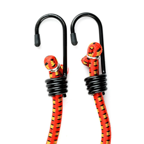 Close-up of two Heavy Duty 12 Inch Bungee Cords 10 Pack With Vinyl Coated Hooks And Fabric Wrap Red For Trucks And Outdoor Gear Secure Tarps Bikes And Gear Fast And Easy Everyday with vinyl-coated hooks.