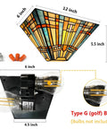 Tiffany Style Wall Sconce With Stained Glass Shade, Mission Inspired Lamp, diagram showing dimensions and bulb type details.