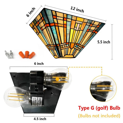 Tiffany Style Wall Sconce With Stained Glass Shade, Mission Inspired Lamp, diagram showing dimensions and bulb type details.