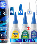 Cyanoacrylate Glue Kit With Activator And Accelerator Spray showcasing three viscosity bottles, microtips, and lids.