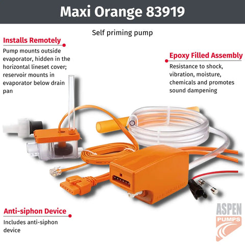 Maxi Orange Condensate Pump For Mini Split ACs, Self Priming, Remote Reservoir Design, Easy Install Above Ceiling Or In Case