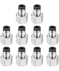 10 Pack Push To Connect Fittings For 5/32 Inch Tube To 1/4 NPT Nickel Plated Brass Straight Pneumatic Female Adapters Black Fast Connect Air Line Quick Connect Fittings For Pneumatic Systems shown in a set of ten, displaying hexagonal shapes and black tops, made from nickel-plated brass for pneumatic systems.