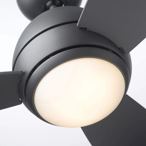 Curva LED Outdoor Ceiling Fan With Light Kit 52 Inch Modern Matte Graphite Finish close-up showing LED light and fan blades.