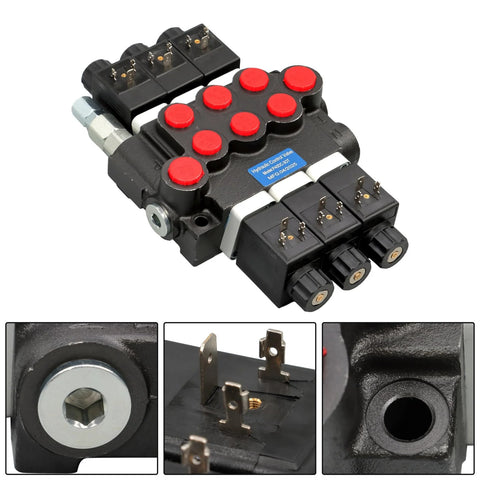 Timunr 3-spool hydraulic control valve, 12V DC solenoid, double-acting, 7/8-14 inlet/outlet, 3/4-16 working ports