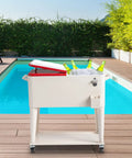 80 Quart Rolling Cooler Cart With Stainless Steel Ice Chest Wheels And Handle Outdoor Beverage Bar Cooler next to pool