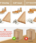 Real Solid Brushed Nickel Cabinet Hinges 30 Pack 15 Pair Heavy Duty Kitchen Hardware diagram showing hinge types and cabinet frames.