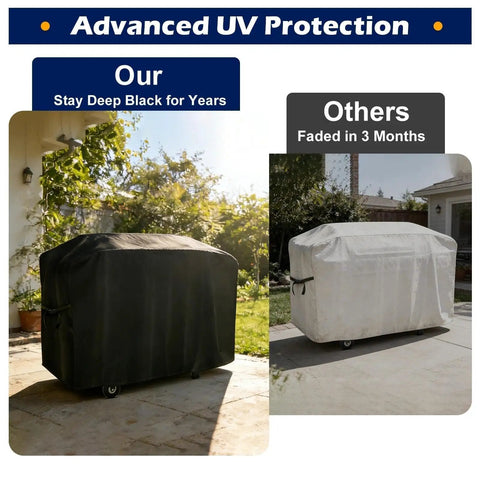 Comparison of Custom Fit Griddle Cover for Blackstone 28 Inch Griddle Cooking Station with Hood Waterproof Oxford Grill Cover for 1883 1924 And More All Weather Tough Tailored Shield Keeps Grill Clean And Dry and competitor's cover with UV protection feature, contrasting black cover with faded white cover.