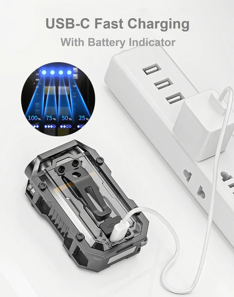 Rechargeable Pocket EDC Flashlight 500 Lumens Dual LED Keychain Light charging with USB-C cable and battery indicator