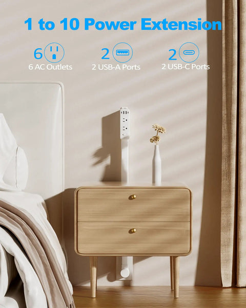 Smooth Gliding Power Strip Extender With Six Standard Outlets And Four Fast Charge USB Ports. 6 AC out, 4 USB ports.