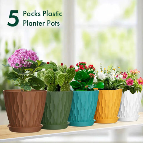 4 Inch Small Plastic Nursery Pots Set Of Five With Drainage Holes And Saucers Water Ripples 3D Wave Design Go To Seed Starter Planters
