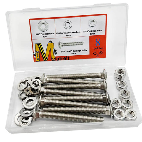 Built Like A Tank 5/16X3 Inch Carriage Bolts Square Neck Stainless Steel With Hex Nuts Flat Washers Spring Lock Washers Rust Proof Screw Assortment Kit For Marine Auto And Garage Builds in a storage case.