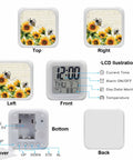 Vintage Yellow Sunflower Bees Digital Alarm Clock Silent Tickless Cube with temperature display and snooze, viewed from multiple angles.