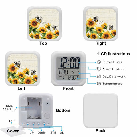 Vintage Yellow Sunflower Bees Digital Alarm Clock Silent Tickless Cube with temperature display and snooze, viewed from multiple angles.