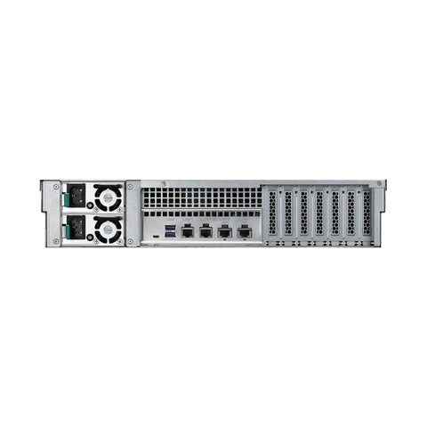 Rock Solid Twelve Bay Enterprise Rackmount Storage Server Offers Two Hundred Forty Terabyte Capacity packed with genuine hard drives, rear view.