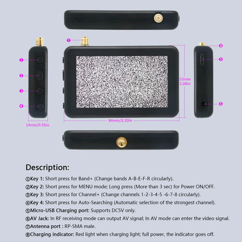 3 Inch Micro FPV Monitor With 480x320 LCD Display 5 8Ghz 40 Channel Auto Search Built In Battery RaceBand Ready side view diagram