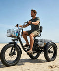 Dope Fat Tire Electric Trike For Adults With 750W Peak Motor, Smooth Power, And 20 Plus MPH Top Speed, Built For Easy Hills, City Cruising, And Light Trails, A Versatile Everyday Ride That Handles Rough Roads With Confidence. single-seat black fat-tire electric trike on sand