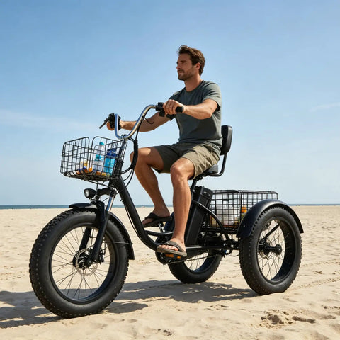 Dope Fat Tire Electric Trike For Adults With 750W Peak Motor, Smooth Power, And 20 Plus MPH Top Speed, Built For Easy Hills, City Cruising, And Light Trails, A Versatile Everyday Ride That Handles Rough Roads With Confidence. single-seat black fat-tire electric trike on sand