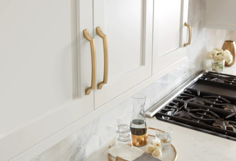 Bellamy Champagne Bronze Cabinet Pull 3-3/4 Inch Center To Center Mounting installed on kitchen cabinets