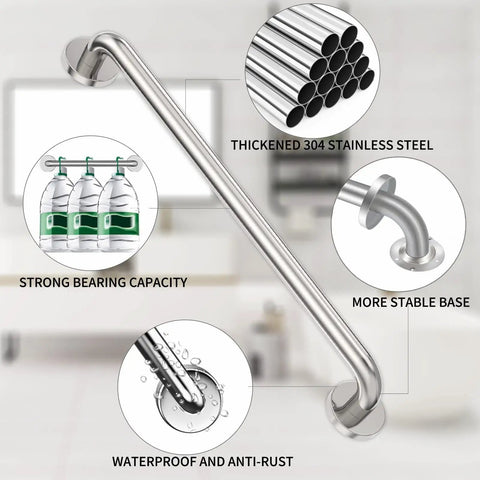 Heavy Duty 24 Inch Brushed Nickel Grab Bars For Bathroom Safety, Solid One Piece Construction With Rust Resistant Finish And Effortless Install, Hella Sturdy Wall Mounted Hand Support, 2 Pack close-up showing thickened 304 stainless steel.