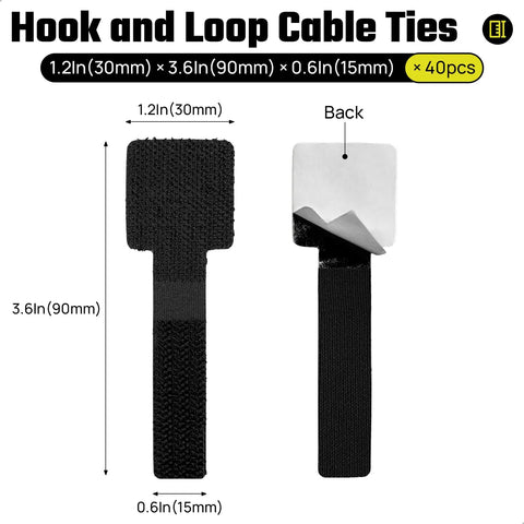 Adjustable Reusable Cable Management Kit 40 Pcs Pro Grade with 3 Inch Straps black hook and loop ties front and back view