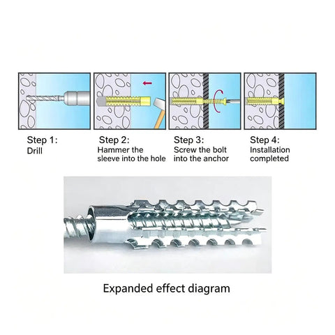 Heavy Duty Metal Expansion Anchors With Screws 50 Pack For Hollow Walls, Tough As Nails High Strength Expansion Fasteners For Drywall Concrete Brick Masonry, Wall Repair Anchor Kit With Screws And Bolts, installation steps diagram
