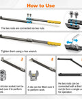 Illustration showing assembly and use of the 11 Piece Universal Serpentine Belt Tool Kit With Sockets 15mm 16mm 18mm And Die Wrenches 13mm 14mm 15mm Tensioner Tool And Belt Removal Tool For Auto Repair Maintenance Pulley Release.