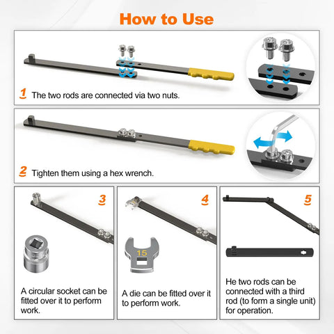 Illustration showing assembly and use of the 11 Piece Universal Serpentine Belt Tool Kit With Sockets 15mm 16mm 18mm And Die Wrenches 13mm 14mm 15mm Tensioner Tool And Belt Removal Tool For Auto Repair Maintenance Pulley Release.