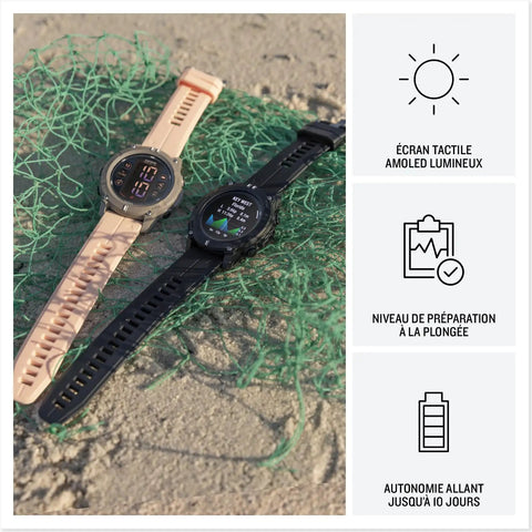 Descent G2 Watch Style Dive Computer With Bright AMOLED Display And Sapphire Lens For Real Time Readouts 10 ATM Rating shown with black band on sand