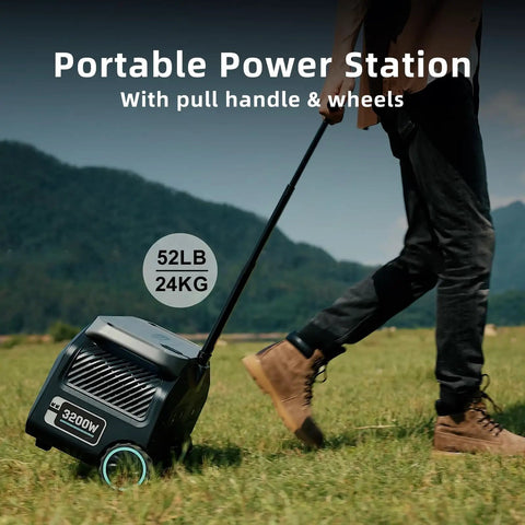 Person pulling 3200W Portable Power Station With 6400W Surge 2048Wh LiFePO4 Solar Generator on grass with handle and wheels.