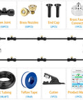 Outdoor Misting Kit With 98.4 Feet Of Brass Nozzle Line, 50 Brass Nozzles, 50 T Connectors, and adapters components
