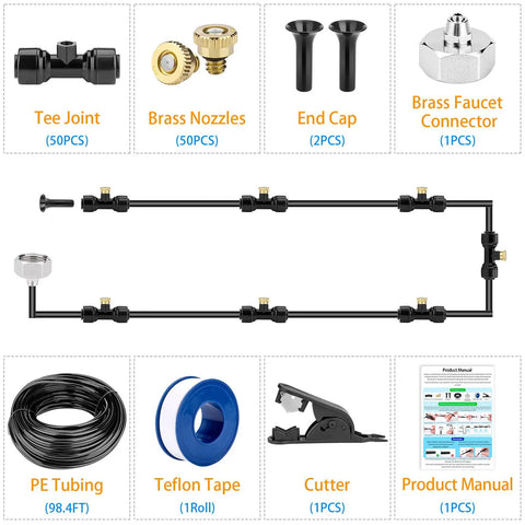 Outdoor Misting Kit With 98.4 Feet Of Brass Nozzle Line, 50 Brass Nozzles, 50 T Connectors, and adapters components