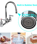Wall Mount Commercial Kitchen Faucet With 8 Inch Center, 6 Inch Gooseneck Swivel Spout, Dual Handles, Brass Construction in action