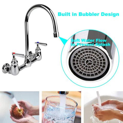 Wall Mount Commercial Kitchen Faucet With 8 Inch Center, 6 Inch Gooseneck Swivel Spout, Dual Handles, Brass Construction in action