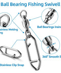 Ball bearing swivel with stainless welding ring, clip snap, and smooth spin details. 30 Pack Heavy Duty Stainless Steel Fishing Swivels With Snap Hooks For Lure Attachments, Saltwater And Freshwater Tackle Kit, Corrosion Resistant, High Tensile Strength, Durable Fishing Accessories.