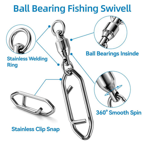 Ball bearing swivel with stainless welding ring, clip snap, and smooth spin details. 30 Pack Heavy Duty Stainless Steel Fishing Swivels With Snap Hooks For Lure Attachments, Saltwater And Freshwater Tackle Kit, Corrosion Resistant, High Tensile Strength, Durable Fishing Accessories.