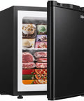 Compact One Point One Cubic Foot Upright Mini Freezer With Reversible Door And Adjustable Feet Hella Efficient Black cold storage showing ice cream and frozen food.