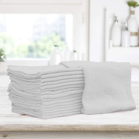 Pack Of 50 Reusable Cotton Rags For Home Garage And Car Detailing Durable Soft 13 By 13 Inch White Towels That Wash Easy And All Purpose Cleaning Cloths For Workbench Kitchen Automotive And Workshop Use stacked on table