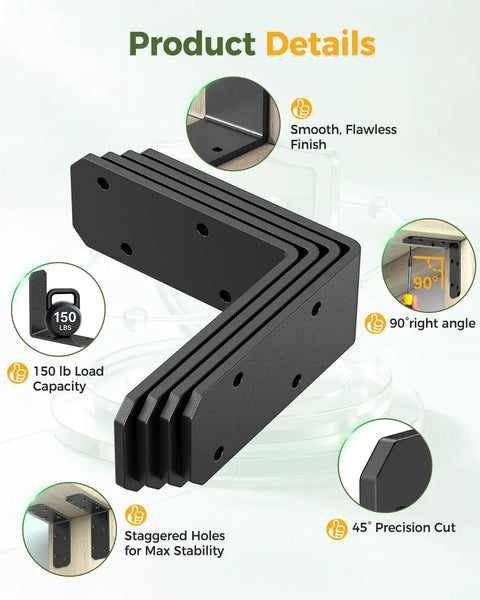 Heavy Duty 3x3x1.2 Inch L Brackets For Wood Shelves, Built Tough, Up To 150 Lbs Support, Black, 4 Pack, Pre Drilled Corner Braces For DIY Shelf Repair, Bowed Shelves, And Strong Shelf Support. black steel L bracket with 90° angle and pre-drilled holes