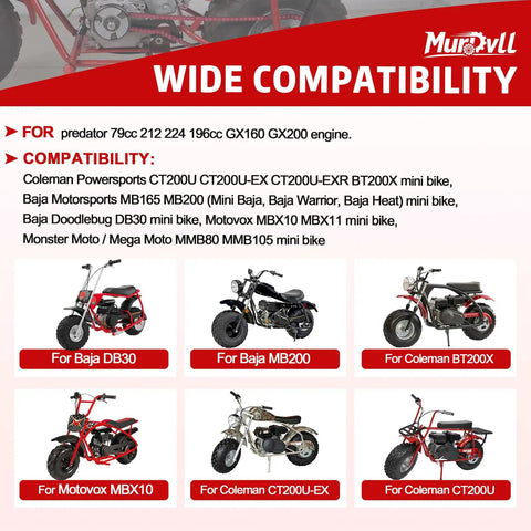 Compatibility chart for Heavy Duty Minibike Chain Tensioner Bracket With Roller For Predator 212 Engine And GX160 GX200.