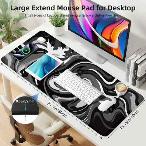 XL Gaming Mouse Pad With Stitched Edges, Black And White Desk Mat 31.5 by 15.8 Inches on a desk with keyboard and mouse