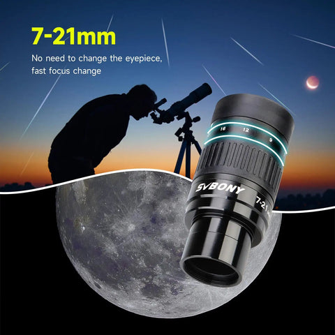 7-21mm Zoom Eyepiece For 1.25 Inch Telescopes With High Contrast Imaging over lunar and stargazing silhouette