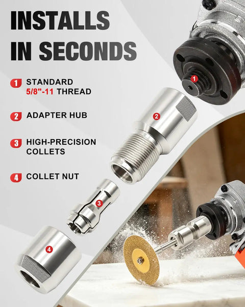 Angle Grinder To Die Grinder Adapter Kit Plug And Play With 5/8-11 To 1/4 And 1/8 Collets Quick Conversion Attachments Diagram