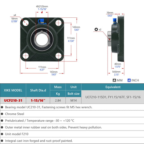 Diagram of Two Pack UCF210-31 Pillow Block Bearings with dimensions and specifications.