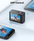 4K Action Camera With 20MP Photos, WiFi, EIS Stabilization, app control on screen, black camera next to device screens