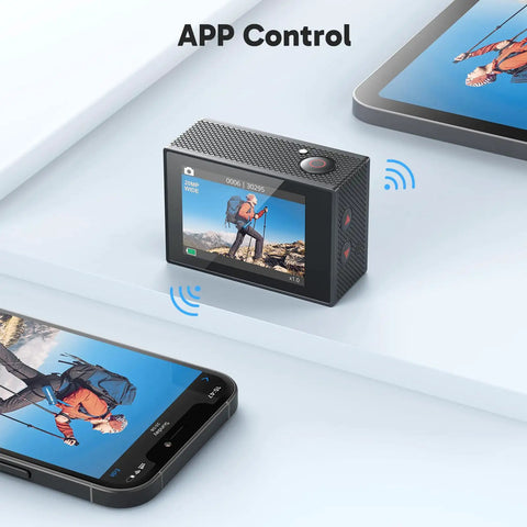 4K Action Camera With 20MP Photos, WiFi, EIS Stabilization, app control on screen, black camera next to device screens