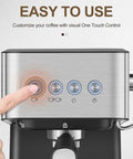 Top Shelf Espresso Coffee Machine With 20 Bar Italian Pump And 1050W Fast Heat Boiler, Packs A 1.5L Water Tank Plus Silky Milk Frother For Rich Lattes, Cappuccinos And Your Daily Grind control panel with one touch button.