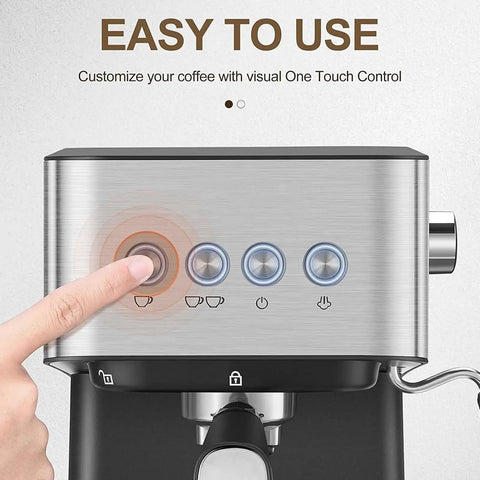 Top Shelf Espresso Coffee Machine With 20 Bar Italian Pump And 1050W Fast Heat Boiler, Packs A 1.5L Water Tank Plus Silky Milk Frother For Rich Lattes, Cappuccinos And Your Daily Grind control panel with one touch button.