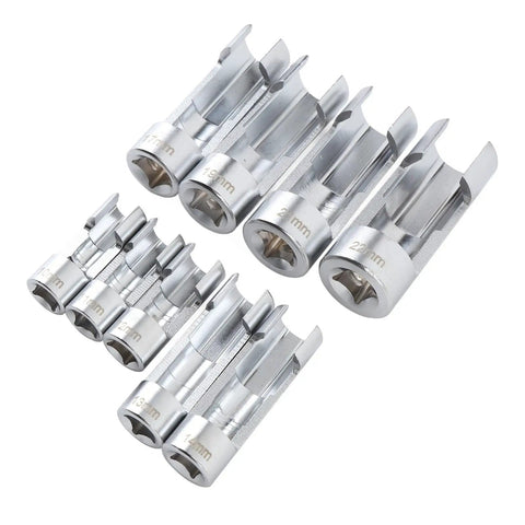 9 Piece Fuel Line Socket Set With Three Eighths And One Half Inch Drive From Ten To Twenty Two Millimeter Sizes CRV Steel Construction