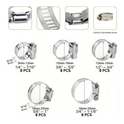Awesome 40pc Stainless Steel Worm Gear Hose Clamps Assortment Kit Ranging From 1/4 Inch To 1 1/8 Inch For Tough Plumbing And Intercooler Tubing Jobs, 304 steel sizes shown